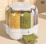 حاوية تخزين حبوب وارز بطيئة بطيئة، موزع حبوب 6 شبكات، موزع طعام كبير يدور 360 درجة 25 باوند، موزع ارز مطور 6 اقسام دوارة، تخزين محكم الاغلاق، ابيض