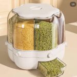 حاوية تخزين حبوب وارز بطيئة بطيئة، موزع حبوب 6 شبكات، موزع طعام كبير يدور 360 درجة 25 باوند، موزع ارز مطور 6 اقسام دوارة، تخزين محكم الاغلاق، ابيض