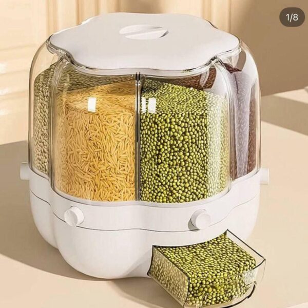 حاوية تخزين حبوب وارز بطيئة بطيئة، موزع حبوب 6 شبكات، موزع طعام كبير يدور 360 درجة 25 باوند، موزع ارز مطور 6 اقسام دوارة، تخزين محكم الاغلاق، ابيض
