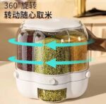 حاوية تخزين حبوب وارز بطيئة بطيئة، موزع حبوب 6 شبكات، موزع طعام كبير يدور 360 درجة 25 باوند، موزع ارز مطور 6 اقسام دوارة، تخزين محكم الاغلاق، ابيض - Image 4